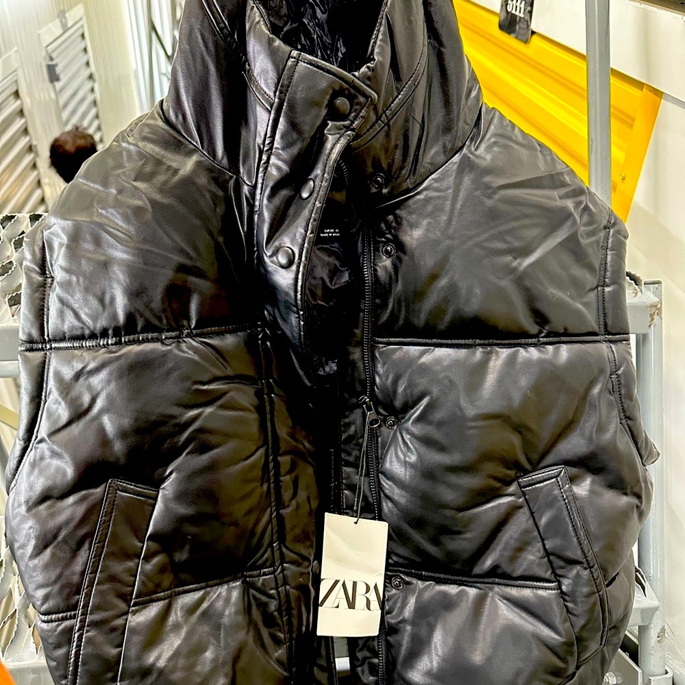 Zara Jet Black faux leather Puffer Jacket